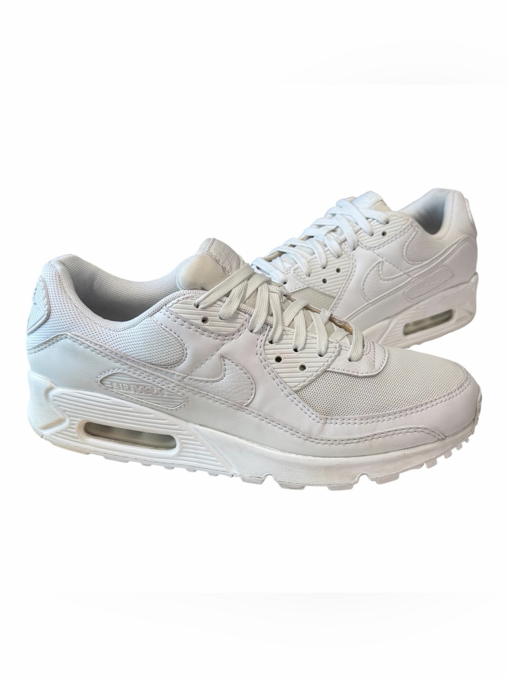 Nike Air Max 90 Triple White Leather DH8010-100 Low Top Lace-Up Sneakers 9.5